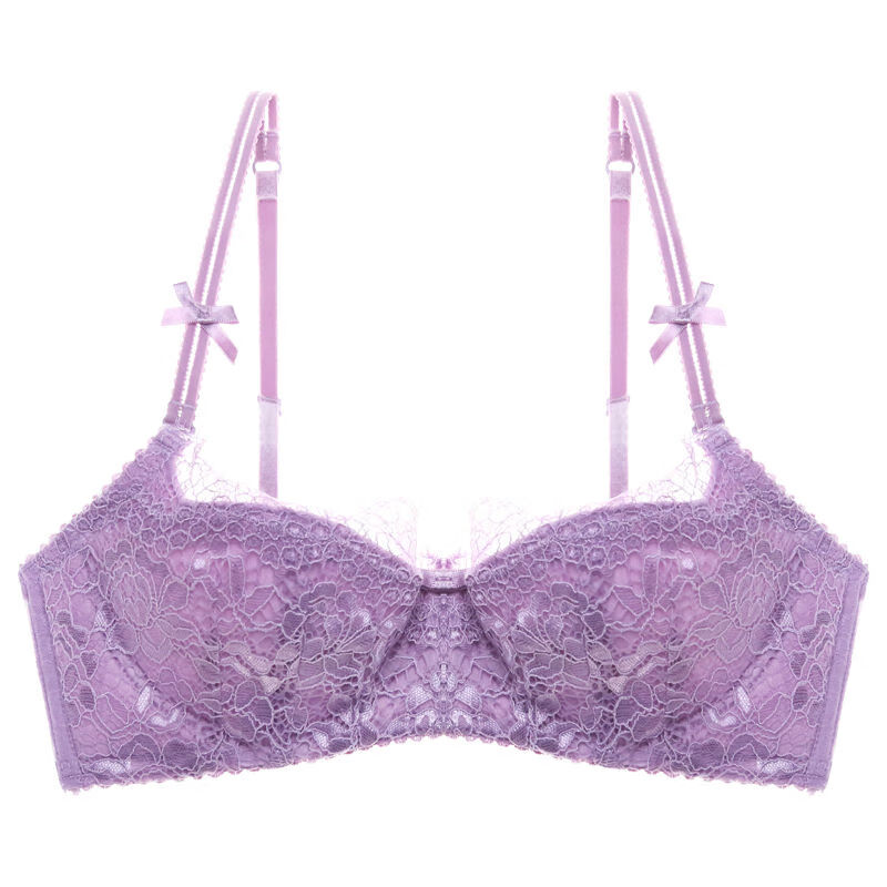 彤棠性感半杯薄款蕾丝文胸套装可卸肩带抹胸式内衣聚拢奶罩女 粉紫色
