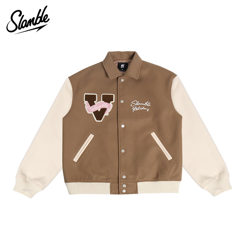 SLAMBLE秋季新款美式拼色复古外套男女情侣款宽松潮牌棒球服夹克 米灰 L