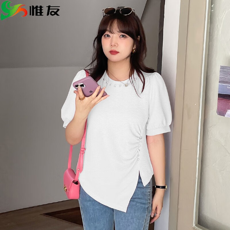 t恤女胖mm胖妹妹春装大码女装肌理感设计感上衣 白色 p1建议120-140斤