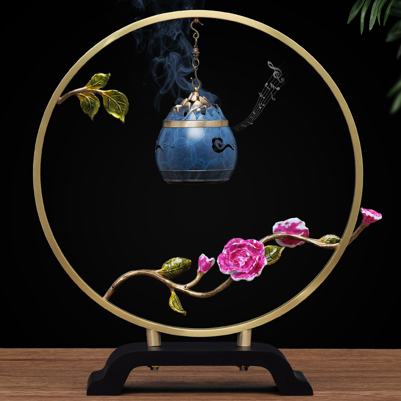 铜香道摆件家用室内悬挂吊炉蓝牙音响电子音乐香炉 花开富贵 香道 鼎s
