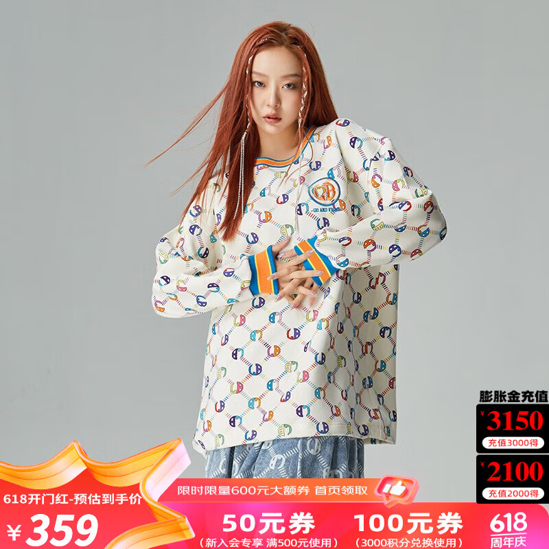 拉拉波波 春季新款休闲老花字母满印卫衣女宽松减龄上衣学生LBBC-WSTS11 米色 S