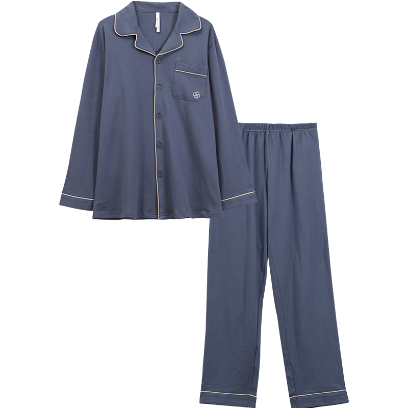 紅豆睡衣春秋男士女士長袖棉情侶兩件套寬松家居服套裝 男款青石藍(lán) 185/104A