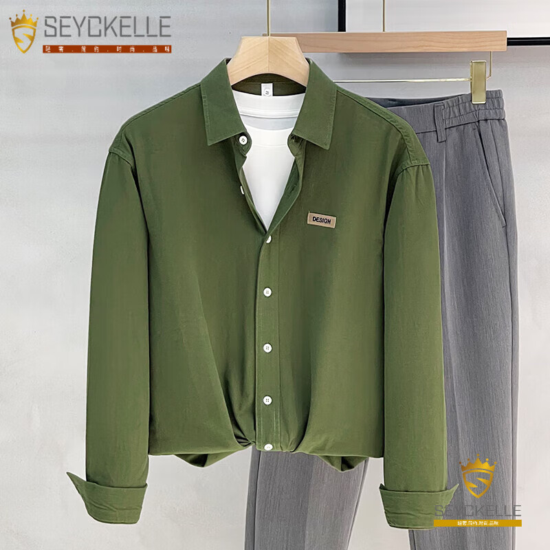 新款简约日系工装衬衫男纯棉时尚潮流休闲外穿衬衣男 ck elle 墨绿色
