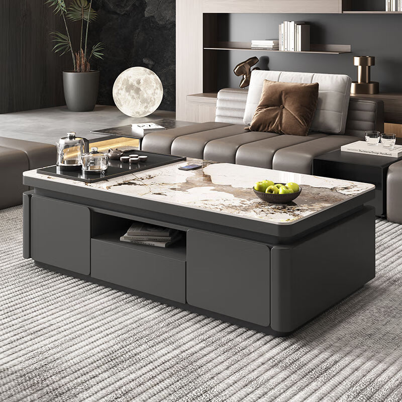 曲柏年新款现代简约岩板功夫茶几客厅家用烧水壶一体泡茶台办公茶桌 1.2米深灰+潘朵拉（含茶炉） 京东折扣/优惠券