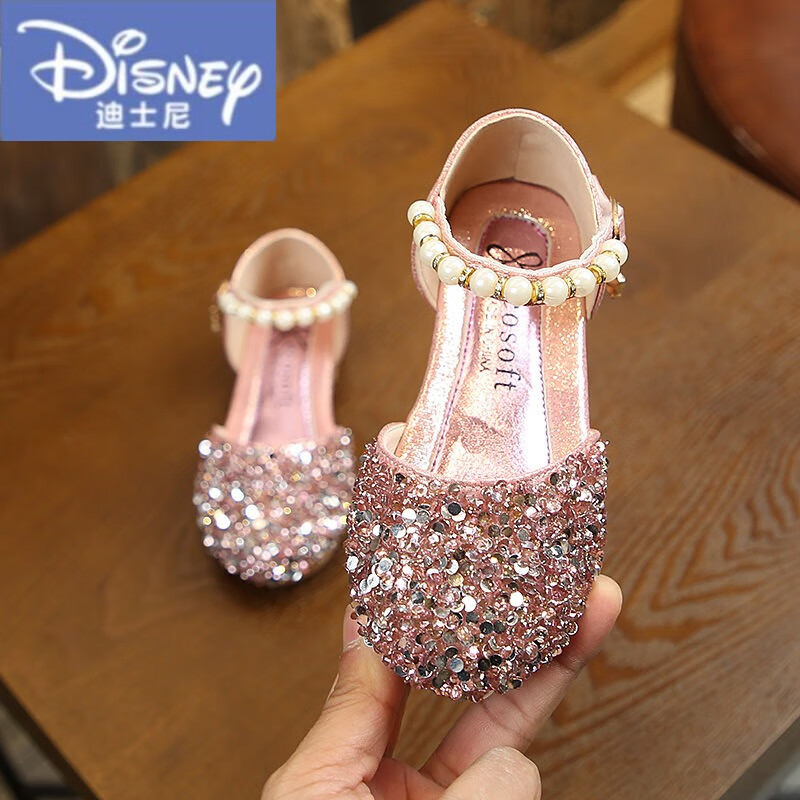 迪士尼(disney)女童表演鞋新款儿童串珠韩版亮片公主鞋中大童宝宝软底