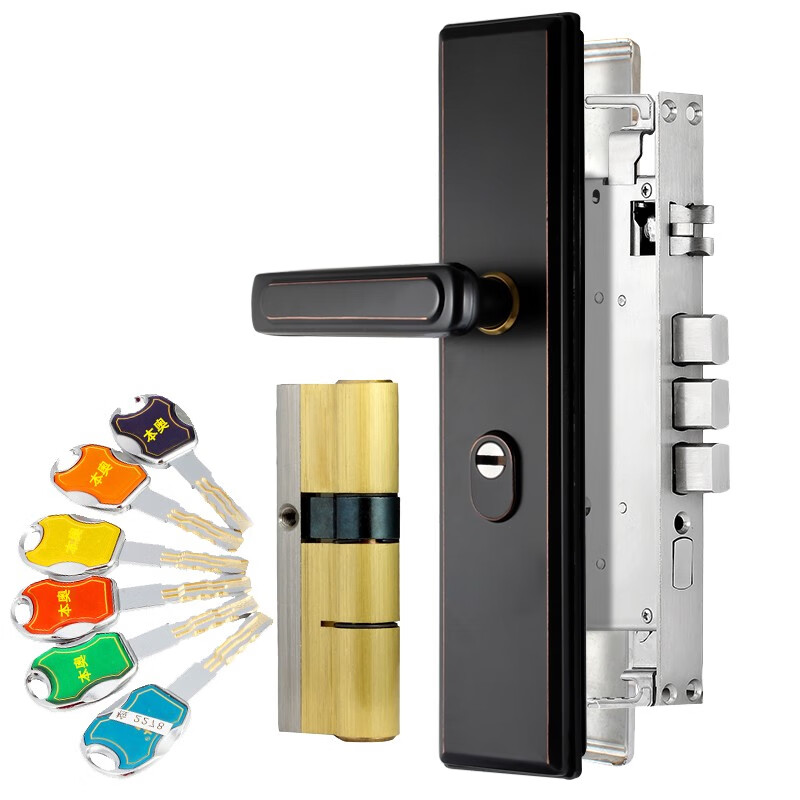 奥本防盗门锁 C级锁芯 不锈钢防撬门把手 防叉锁体 进户门锁多功能套装锁015黑（不含安装）