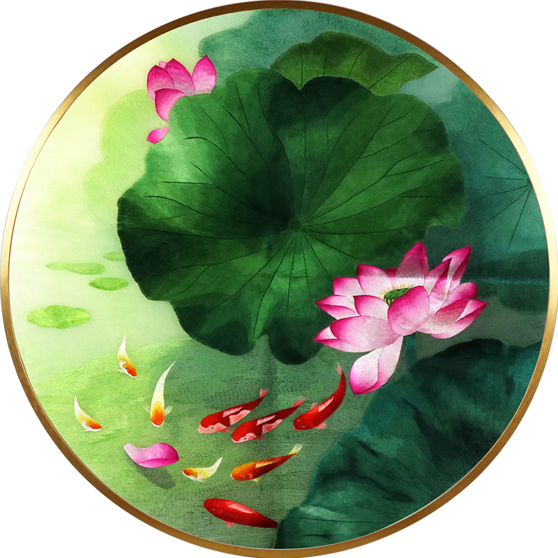 临宝得乐 苏绣成品挂画荷花鲤鱼年年有余客厅餐厅中式圆形手工刺绣