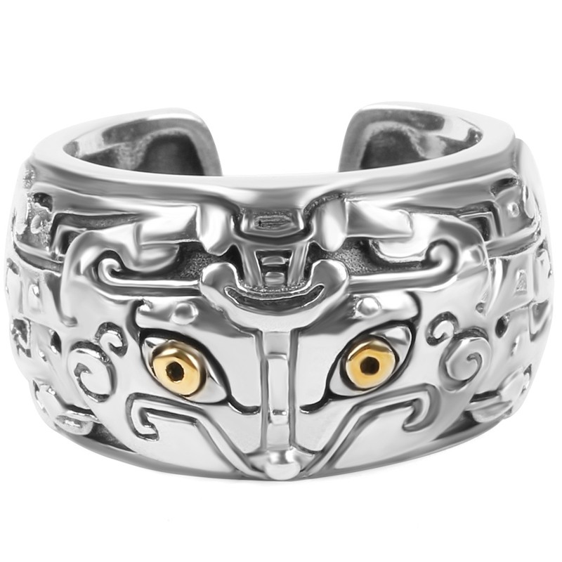 梓君饕餮兽戒指男士银指环开口手工925银饰品单身嘻哈个性创意 开口