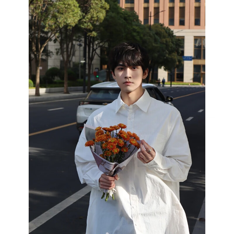 耀超痞帅外套男下夏装 白衬衫男春季日系感外套男生痞帅内搭打底 白色