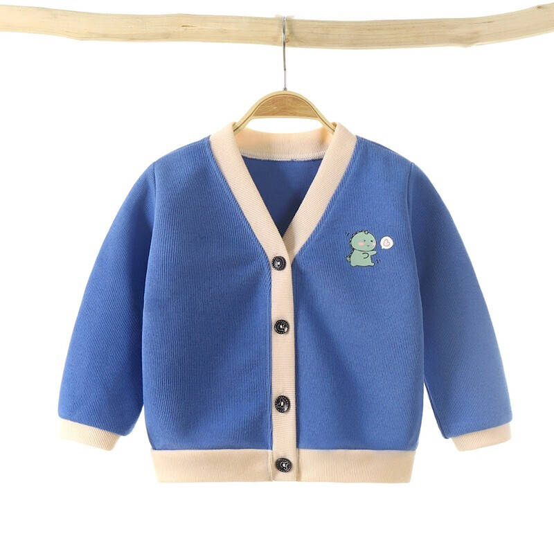 贝可飞宝宝针织衫秋季儿童开衫女童男童单件外套上衣 拼色蓝 90cm