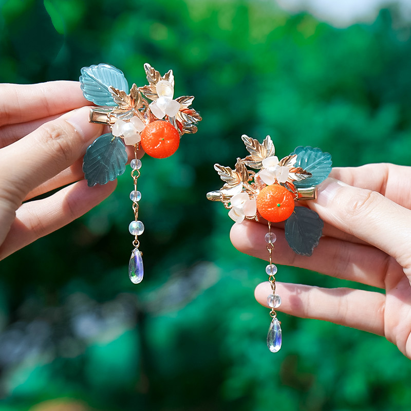 神鹿可爱小橘子边夹古风配饰女流苏发夹古装儿童头饰 小橙子发夹一对