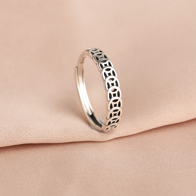 兮s925银复古戒指女新款钱币个性设计简约小众开口指环潮 钱戒指一枚