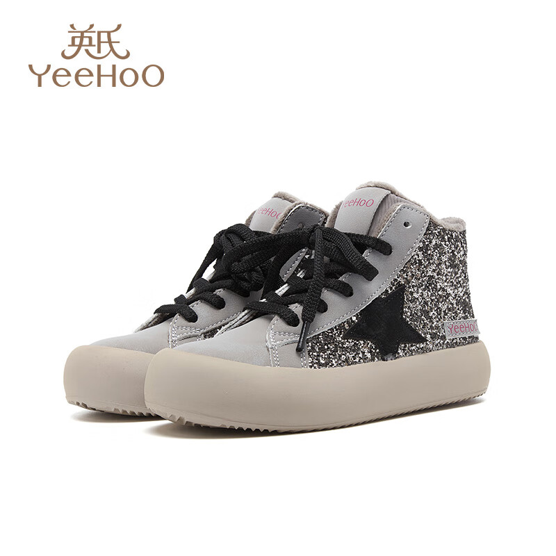 英氏（YEEHOO）童鞋儿童秋冬季轻便加绒保暖软底帆布鞋中大童运动鞋子板鞋男女童 银色 33