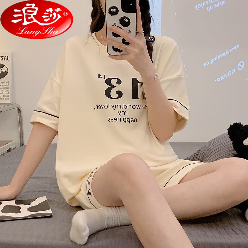 短袖大码女士简约休闲男士夏天可外穿薄款家居服套装 66001ax 数字13