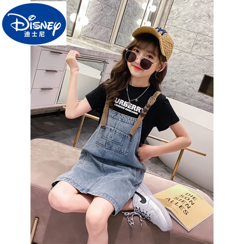 迪士尼(disney)夏上新女童牛仔背带裙夏装套装2024新款儿童裙子夏季女