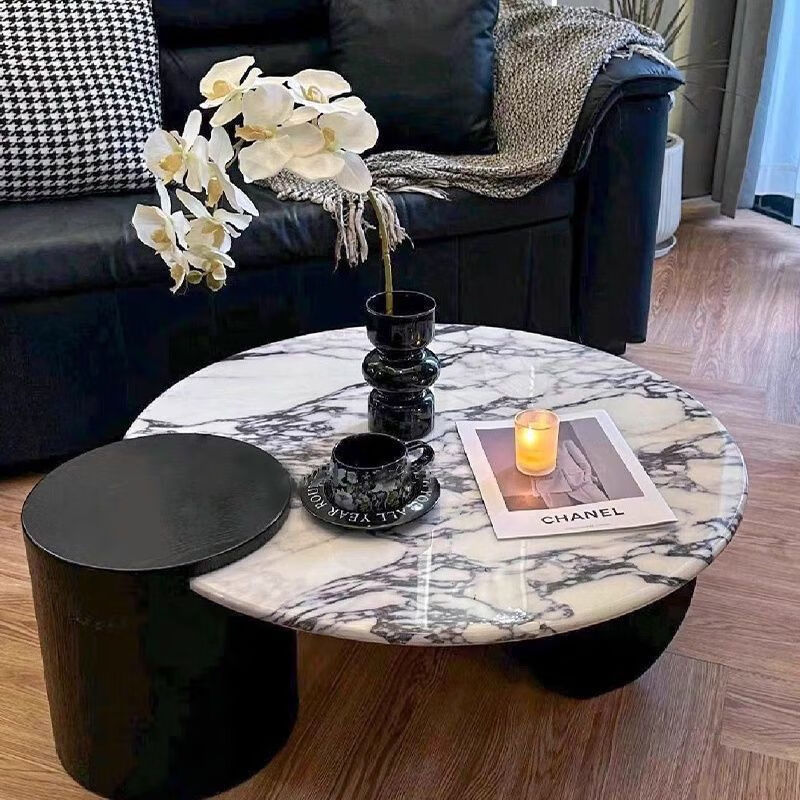 曲柏年法式大理石茶几岩板家用小户型客厅圆形轻奢中古风简约茶几 大理石-宝格丽白80cm