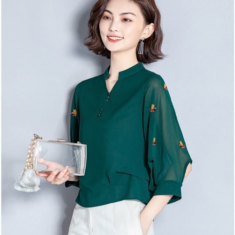 171277/【女装新款】美欧菲中袖仿真丝衬衫上衣女七分袖夏洋气宽松遮肚子雪纺小衫 绿色 XL