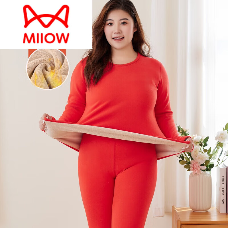 貓人（MiiOW）加肥加大碼保暖內(nèi)衣女套裝加厚加絨發(fā)熱純棉毛衫德絨胖mm200斤冬 紅色 女羊羔絨套裝 3XL【140-165斤】