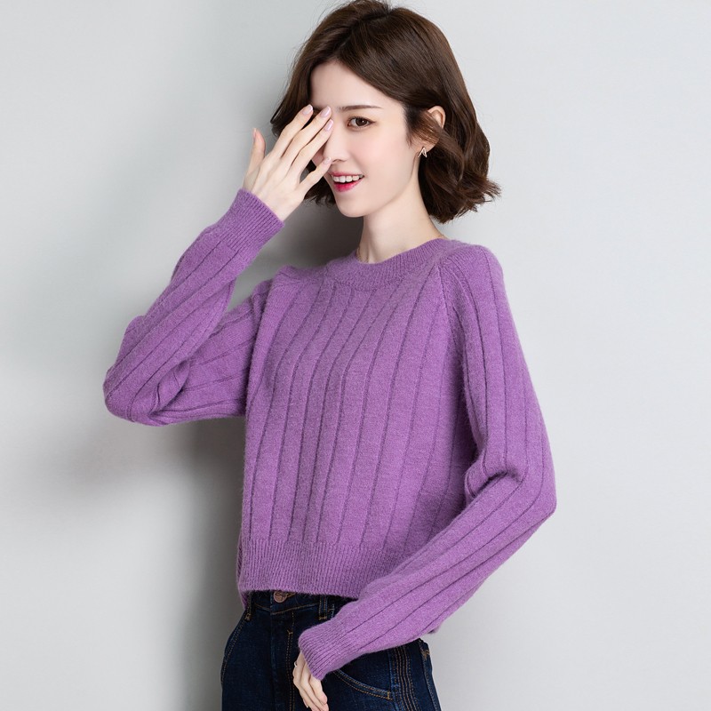 歌米拉 低领毛衣女小款宽松短款春秋外穿新款圆领洋气打底针织衫 紫色