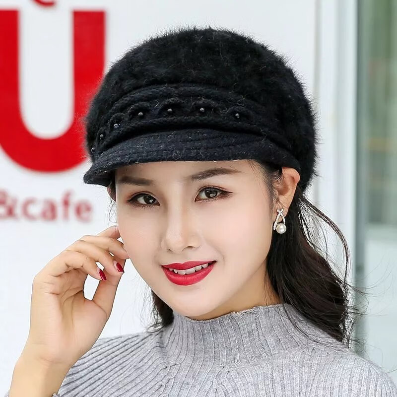 欧曼玫【现发】帽子女冬天加绒保暖护耳鸭舌针织帽贝雷帽兔毛帽加厚毛线 豆沙色