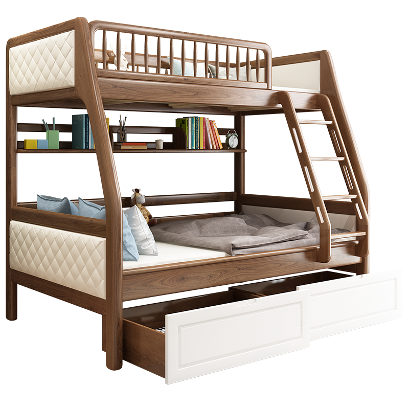 优漫佳 儿童床上下床白蜡木双层床高低床安全弧儿童家具北欧 水性漆 高低床+实用加大双抽屉(升级版) 含书架  下铺1.35*1.9米