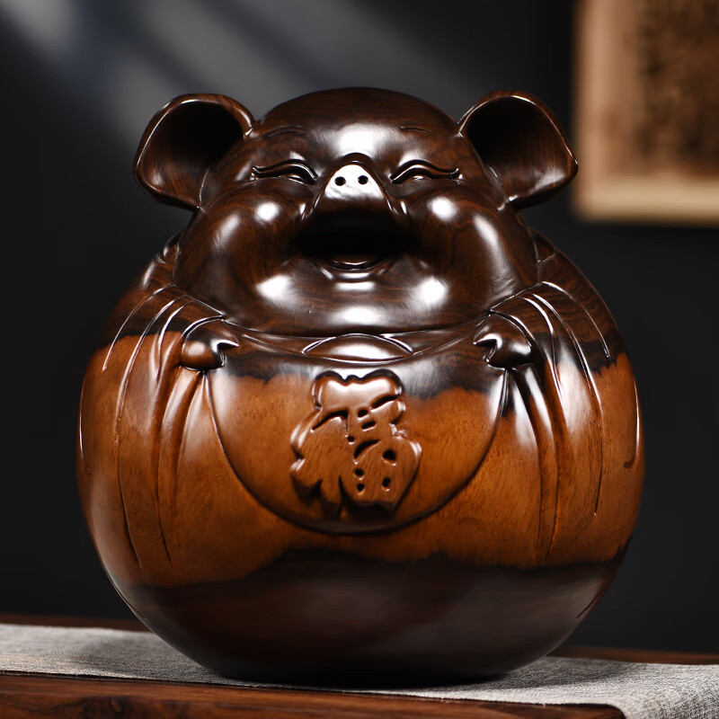 偲禮木雕福豬擺件實(shí)木小豬存錢罐實(shí)木雕刻工藝品裝飾品生日創(chuàng)意禮品 黑檀木實(shí)心白皮福豬高18厘米
