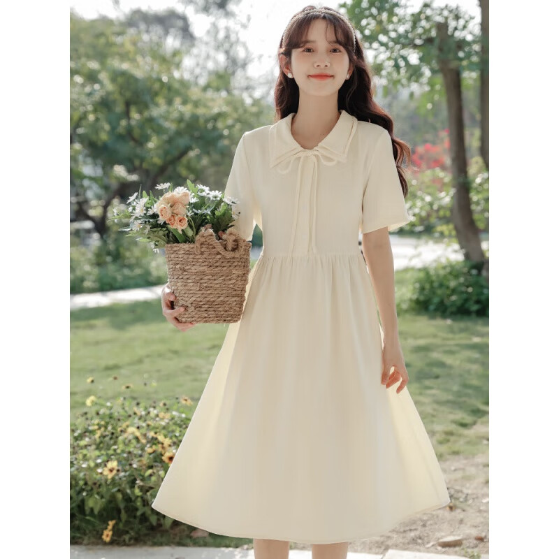 sz温柔风双层领学生连衣裙女夏季新款小清新减龄漂亮裙子小个子 米
