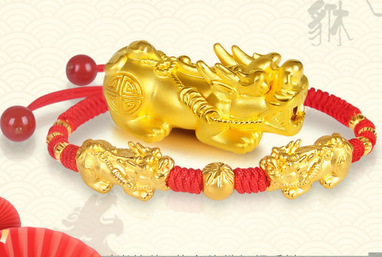 黄金貔貅编织手链女999足金貔恘手镯男3d硬金皮丘红绳礼物情侣 黑线a