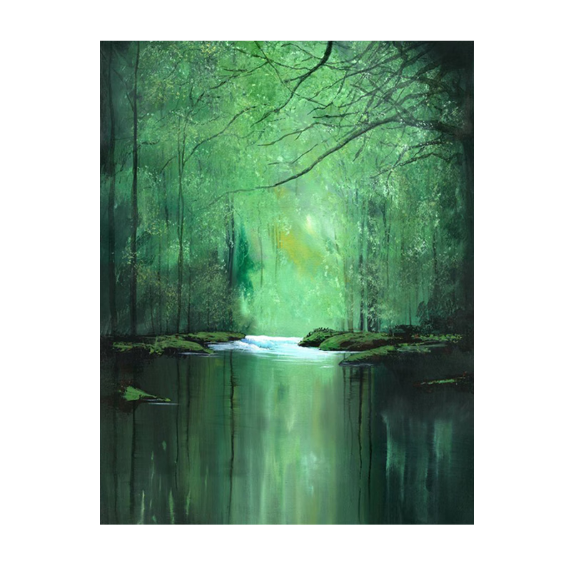 森色系绿植纯手绘风景油画客厅竖版装饰画玄关挂画艺术湖水肌理画