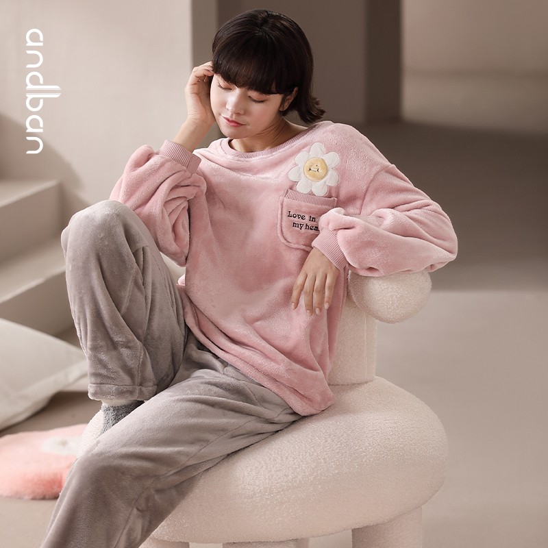 安之伴睡衣女晚秋冬法兰绒保暖厚款圆领可爱小花可外穿女士家居服套装 冰兰 XL