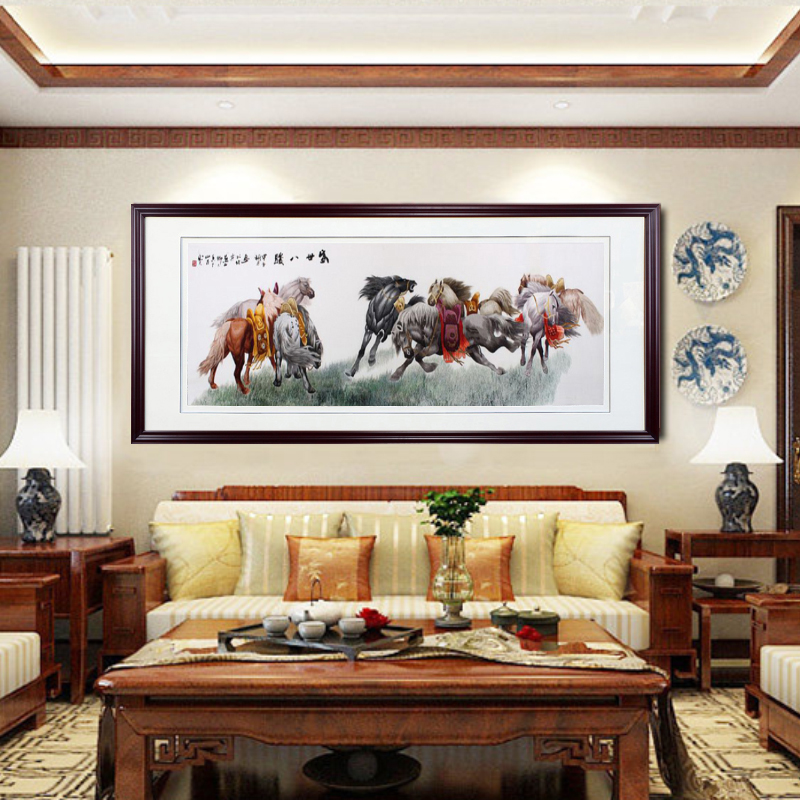 苏绣成品挂画客厅 盛世八骏图 装框尺寸198cmx88cm 160cmx60cm  平针