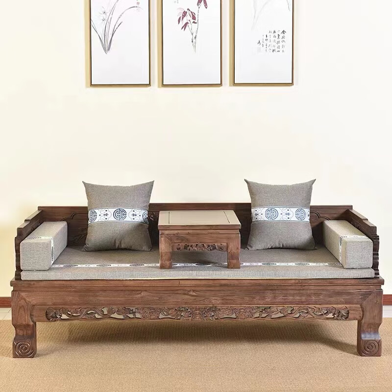 帝覃家居新中式实木灵芝罗汉床老榆木沙发床榆木罗汉沙发家具罗汉榻