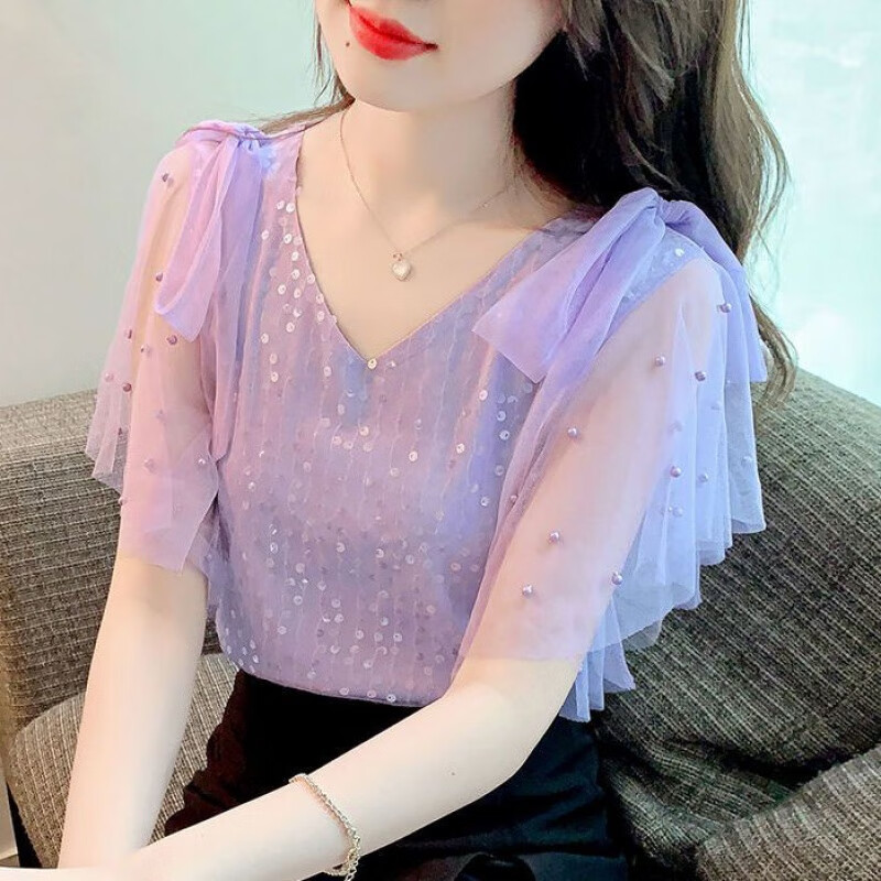 浮泽时尚夏季雪纺衬衫女装2023新款潮流很仙的上衣洋气短袖超仙女气质 粉色1668# S