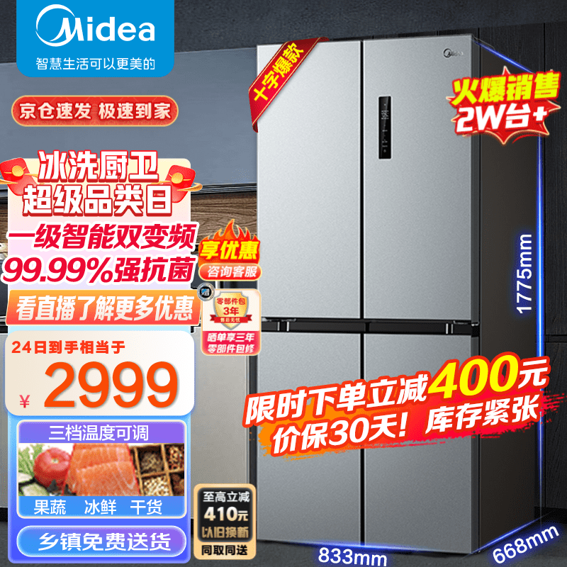 美的(Midea) 慧鲜系列480升双变频一级能效十字四开门双开对开门风冷超薄大容量囤货家用智能冰箱 BCD-480WSPZM(E)榭湖银高性价比高么？