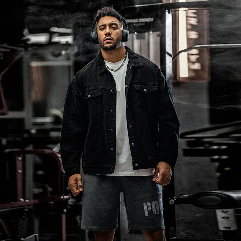 BD.POWER UP+春秋季纯棉健身牛仔外套男简约美式翻领运动夹克外套男宽松上衣 黑色(选择最多) XL 85-95kg