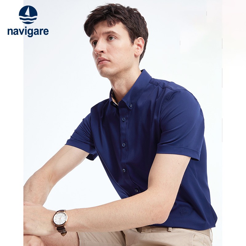 纳维凯尔意大利小帆船短袖衬衫男无忧搭夏季薄款纯色衬衣刺绣透气通勤男装 藏青 S /38