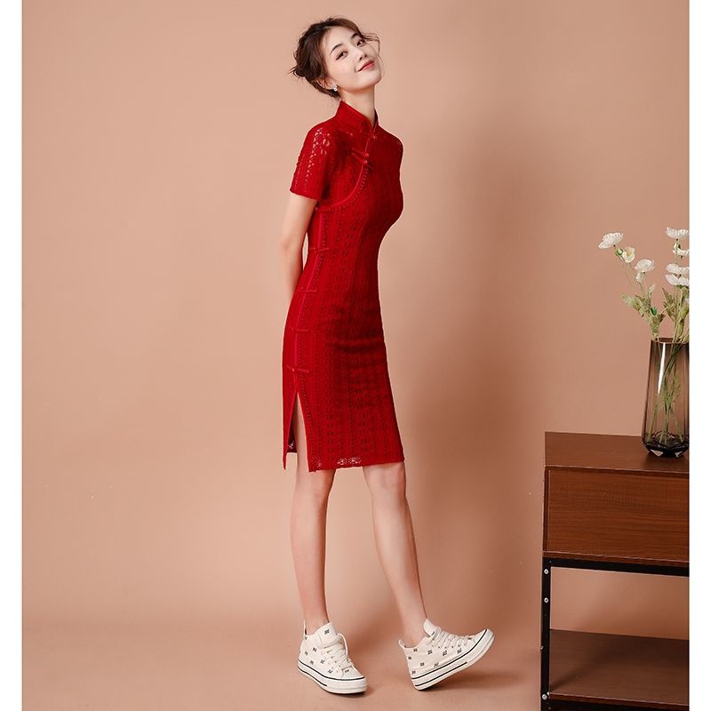 vkpi新娘敬酒服旗袍夏季蕾丝结婚中国风连衣裙短款小个子改良版中国风