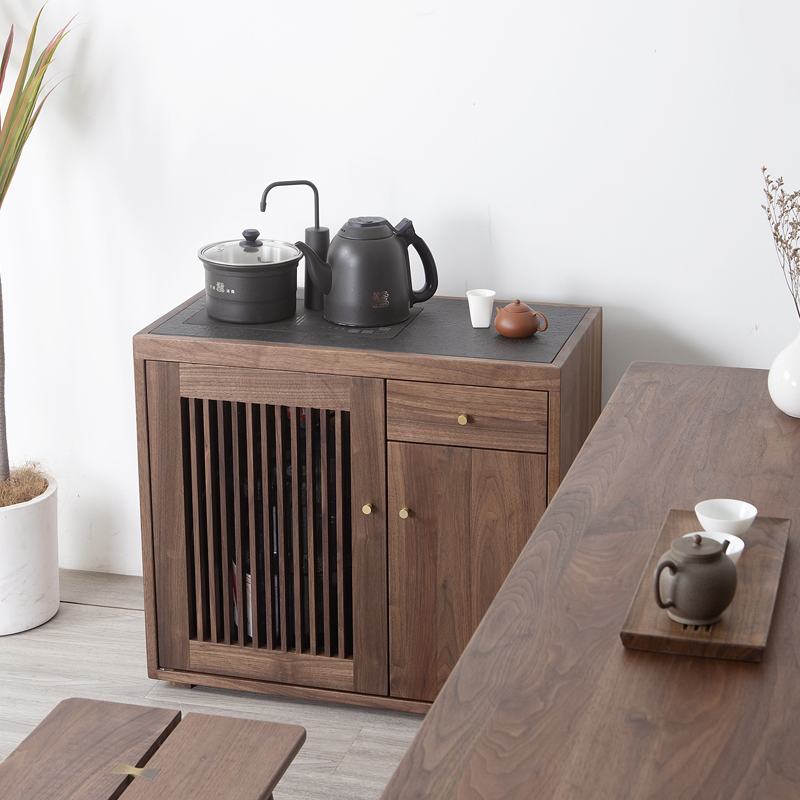 裕顺寿新中式茶水机一体柜岩板黑胡桃茶柜茶水台烧水