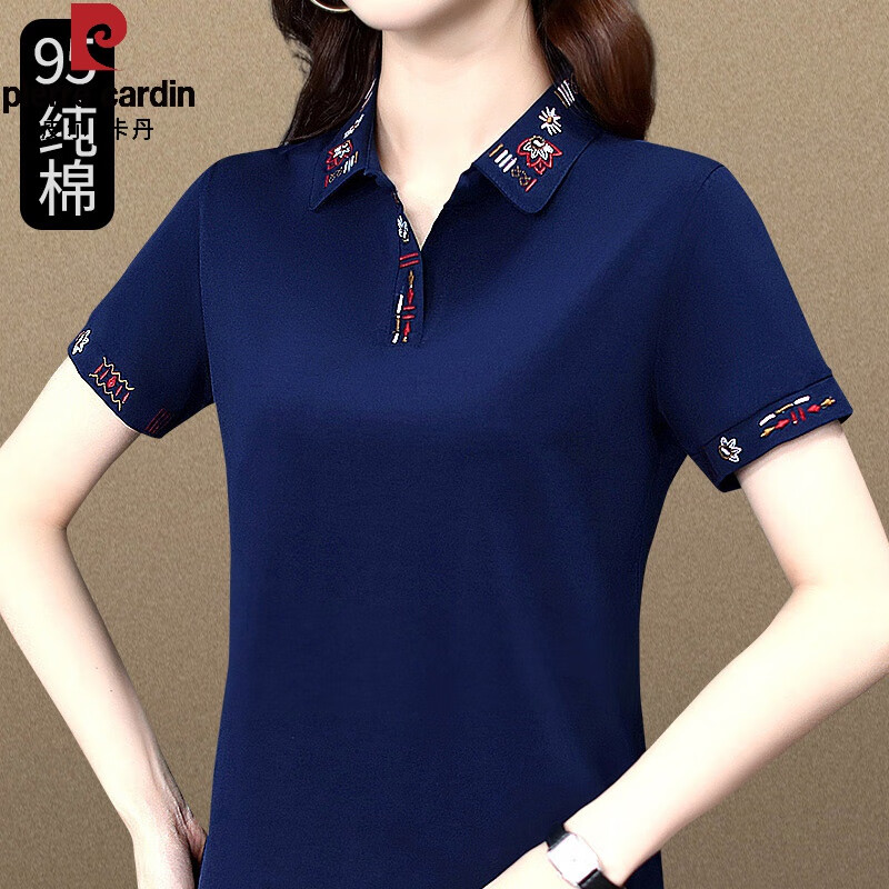 皮尔卡丹纯棉短袖t恤女夏装新款妈i妈品牌时尚洋气大码女士上衣polo衫