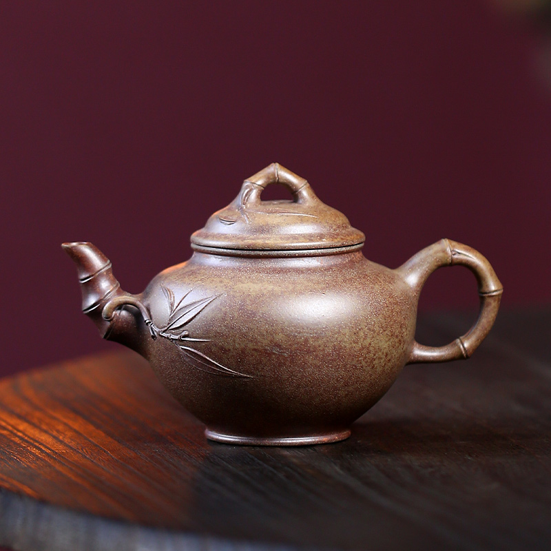 吉羊 宜兴柴烧紫砂壶纯手工茶壶功夫茶具 原矿翡翠金砂竹节报春190ml