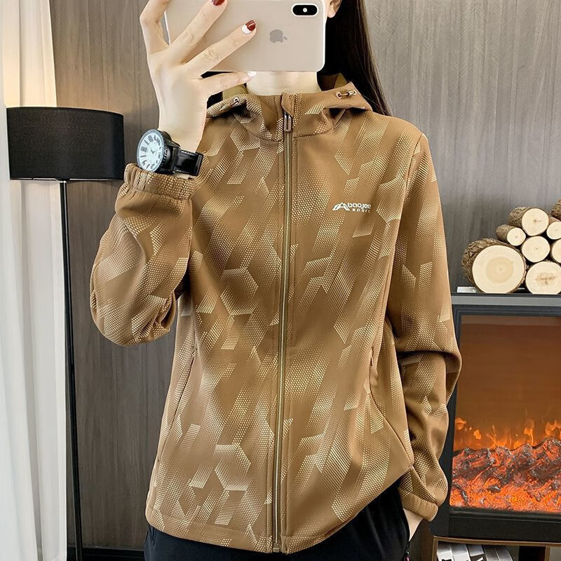 杰麗·莫克法國JM沖鋒衣女春秋戶外運(yùn)動(dòng)彈力連帽夾克迷彩大碼登山服薄絨外套 茶棕色 3XL