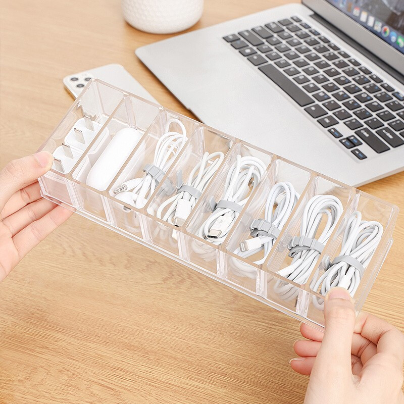 sp sauce 桌面数据线收纳神器手机充电线电源线收纳盒分格收纳盒 透明