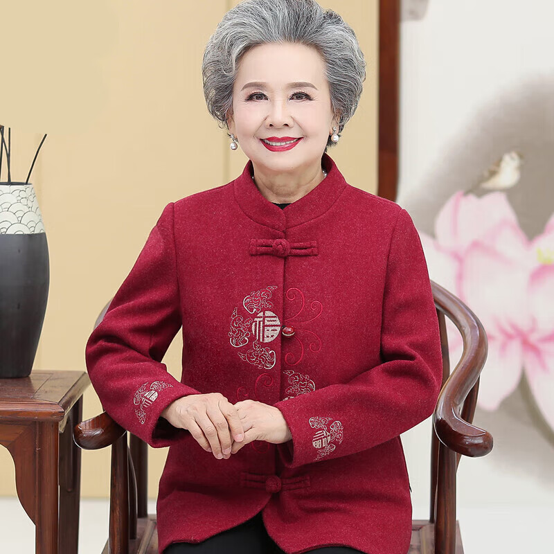 洛之潮胖老太太春秋衣服老奶奶穿的秋冬毛呢外套中老年人装女妈妈唐装老 308红色春秋上衣 XL 建议80-95斤穿