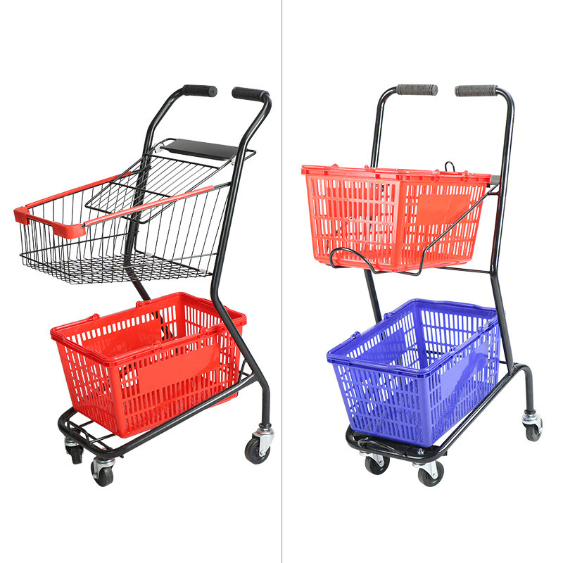 超市购物车金属手推车超市手推购物车双层 黑色购物车双层框架结构 黑