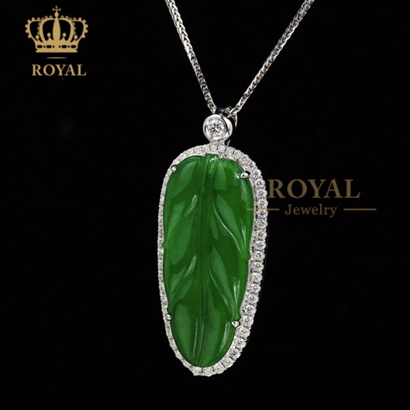 royalpick缅甸a货翡翠项链吊坠辣绿叶子钻石18k金送长辈妈妈老婆节