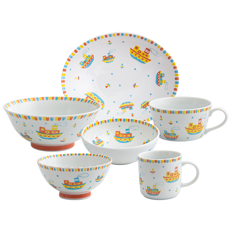 千代源日本進口兒童餐具禮盒套裝 男女寶寶家用卡通陶瓷碗盤子大碗缽?fù)?五彩船B套裝 3件套