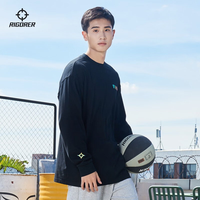 准者斗法长袖T恤男士春冬新款美式篮球运动卫衣潮流刺绣纯棉透气上衣 纯正黑(尺码偏大拍小一码) 刺绣款 XL