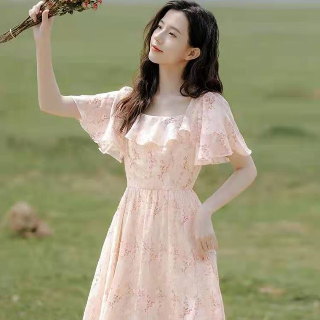 穿的系带有带子女士短袖连衣裙小清新甜美仙女裙超仙法式初恋 肉桂色