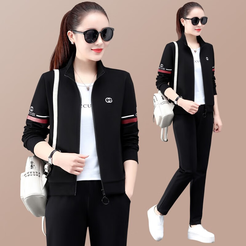 卫衣三件套高端棉质立领长袖休闲套装女修身显瘦女装运动服套装秋潮