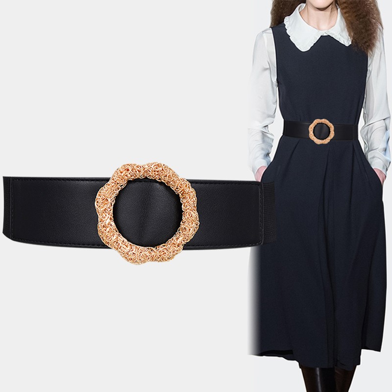 紫心竹宽腰带女装饰裙子毛衣松紧腰封时尚百搭收腰皮带 黑色